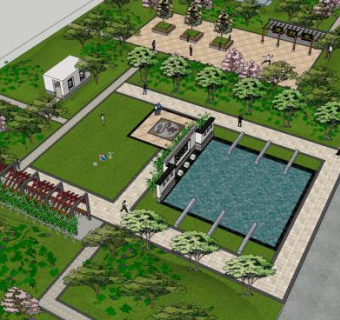 新中式泳池公园SU模型下载_sketchup草图大师SKP模型