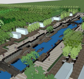 大型河道公园设计SU模型下载_sketchup草图大师SKP模型