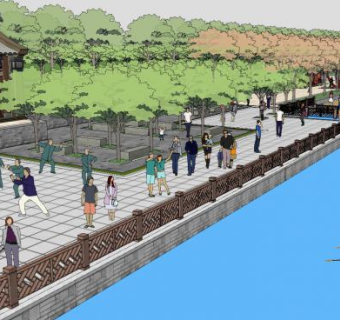 中式观赏河道公园SU模型下载_sketchup草图大师SKP模型
