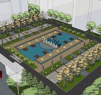 现代喷泉水池景观SU模型下载_sketchup草图大师SKP模型