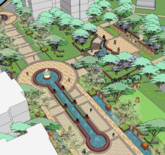 欧式流水景观公园SU模型下载_sketchup草图大师SKP模型