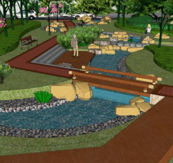现代流水公园栈桥景观SU模型下载_sketchup草图大师SKP模型