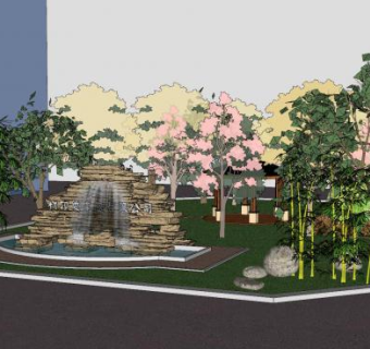 中式公园跌水景观SU模型下载_sketchup草图大师SKP模型