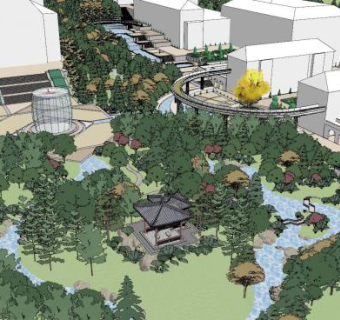 新中式公园跌水景观SU模型下载_sketchup草图大师SKP模型