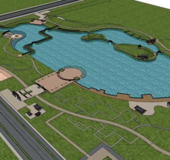 池塘公园水景设计SU模型下载_sketchup草图大师SKP模型