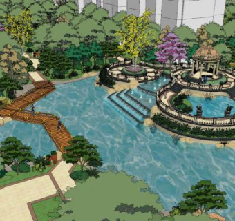 欧式公园流水水景SU模型下载_sketchup草图大师SKP模型