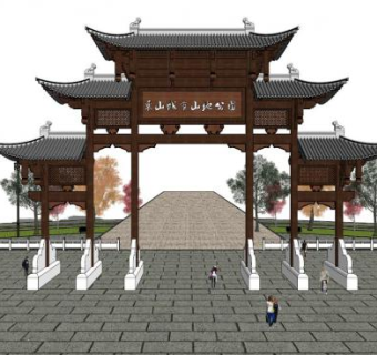 古典中式入口大门门楼设计SU模型下载_sketchup草图大师SKP模型