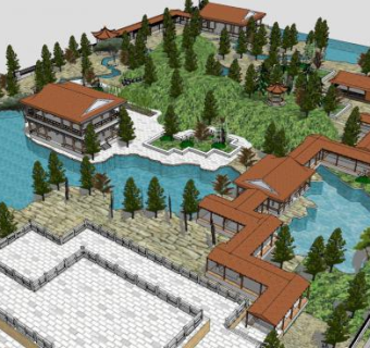 中式公园水上廊道景观SU模型下载_sketchup草图大师SKP模型