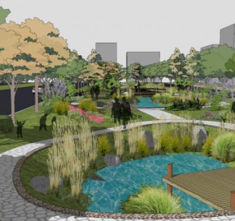 现代池塘水景公园SU模型下载_sketchup草图大师SKP模型