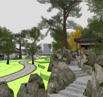 中式公园石景阶梯SU模型下载_sketchup草图大师SKP模型