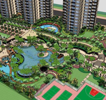 现代公园泳池球场规划SU模型下载_sketchup草图大师SKP模型