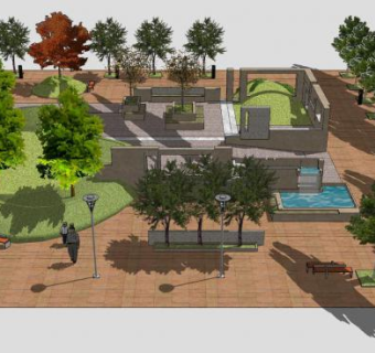 现代公园流水景墙SU模型下载_sketchup草图大师SKP模型