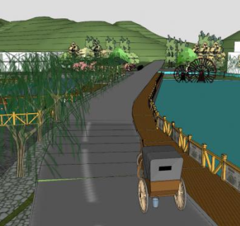 中式生态公园栈道水景SU模型下载_sketchup草图大师SKP模型