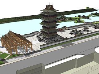 新中式公园塔楼景观SU模型下载_sketchup草图大师SKP模型
