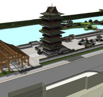 新中式公园塔楼景观SU模型下载_sketchup草图大师SKP模型