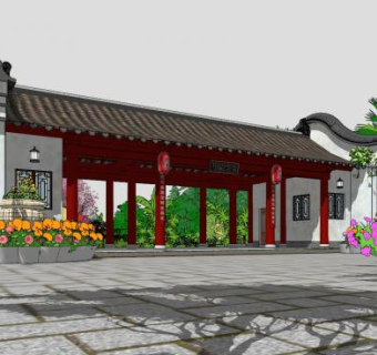 中式建筑公园水榭水景SU模型下载_sketchup草图大师SKP模型