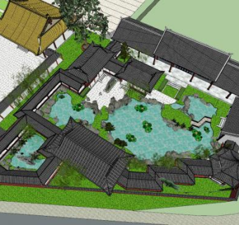 中式园林池塘景观SU模型下载_sketchup草图大师SKP模型