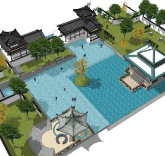嬉水中式公园SU模型下载_sketchup草图大师SKP模型