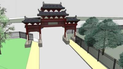 中式牌坊公园建筑SU模型下载_sketchup草图大师SKP模型