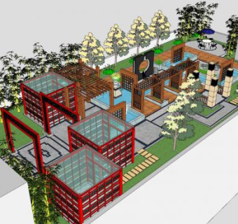 新中式会所屋顶花园sketchup模型下载_sketchup草图大师SKP模型
