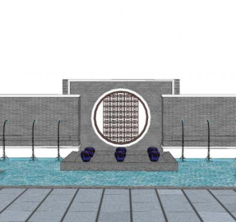 新中式景墙流水喷泉SU模型下载_sketchup草图大师SKP模型