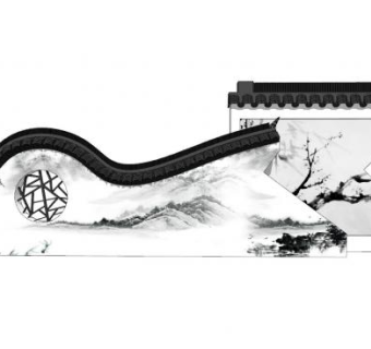 中式山水墨画景观墙SU模型下载_sketchup草图大师SKP模型