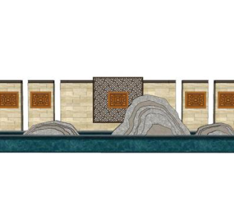 新中式枯山水景墙SU模型下载_sketchup草图大师SKP模型