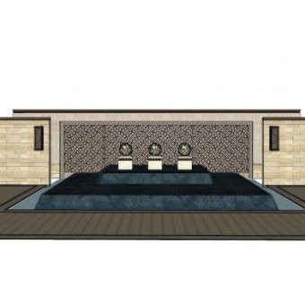 欧式景墙流水水池SU模型下载_sketchup草图大师SKP模型