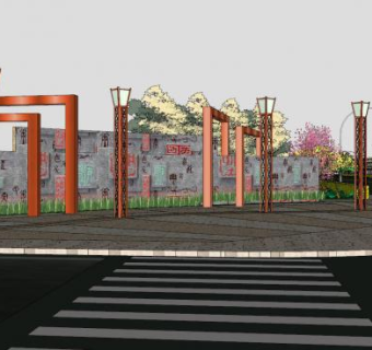 新中式公园景观墙小品SU模型下载_sketchup草图大师SKP模型