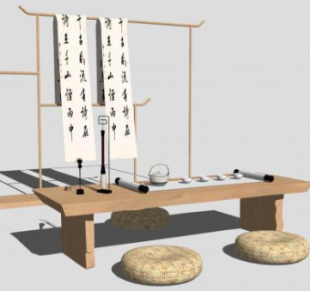 新中式极简木茶案书法卷轴SU模型下载_sketchup草图大师SKP模型