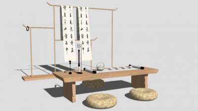 新中式极简木茶案书法卷轴SU模型下载_sketchup草图大师SKP模型