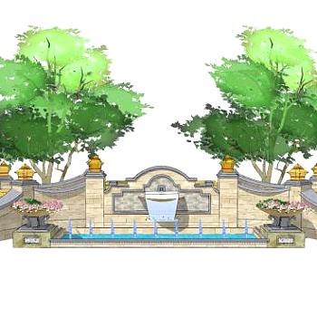 欧式流水景观墙SU模型下载_sketchup草图大师SKP模型