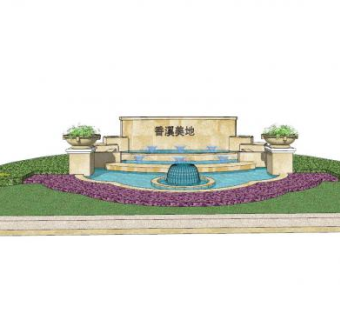 香溪美地喷泉景观墙SU模型下载_sketchup草图大师SKP模型