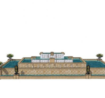欧式建筑跌水池景观SU模型下载_sketchup草图大师SKP模型