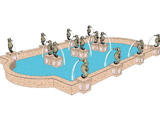 欧式海马雕塑景观水池SU模型下载_sketchup草图大师SKP模型