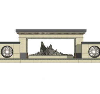 新中式枯山景墙SU模型下载_sketchup草图大师SKP模型
