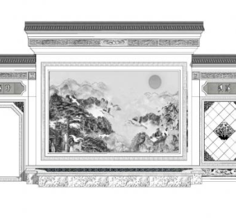 中式山水壁画景墙SU模型下载_sketchup草图大师SKP模型