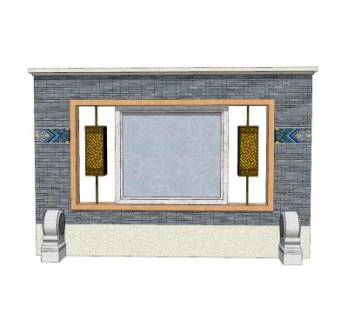 新中式抱鼓石景墙SU模型下载_sketchup草图大师SKP模型