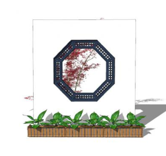 新中式八边窗花景墙SU模型下载_sketchup草图大师SKP模型