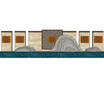 新中式枯山水景墙设计SU模型下载_sketchup草图大师SKP模型