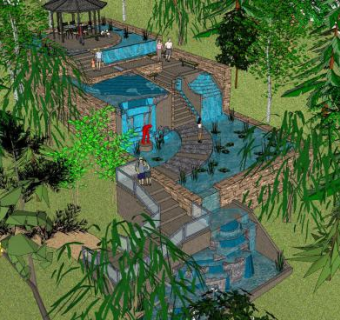 中式阶梯式流水公园SU模型下载_sketchup草图大师SKP模型