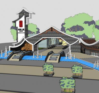 新中式城厢古镇公园景观SU模型下载_sketchup草图大师SKP模型