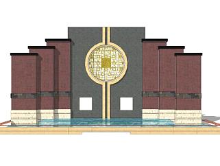 新中式古典景观墙水池SU模型下载_sketchup草图大师SKP模型