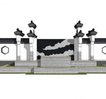 新中式元素景观墙SU模型下载_sketchup草图大师SKP模型