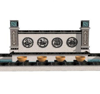 中式雕刻图腾景墙水景SU模型下载_sketchup草图大师SKP模型