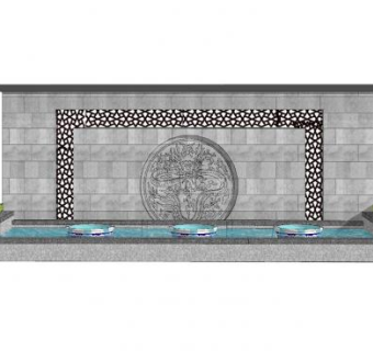 新中式图腾景墙水景SU模型下载_sketchup草图大师SKP模型