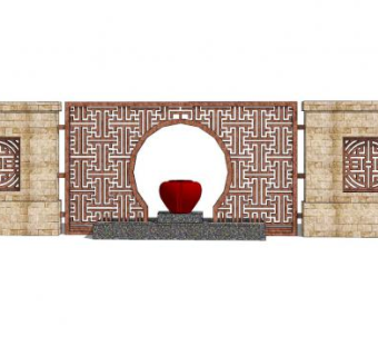 新中式水缸景墙小品SU模型下载_sketchup草图大师SKP模型