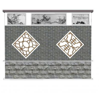 新中式壁画花窗景墙SU模型下载_sketchup草图大师SKP模型