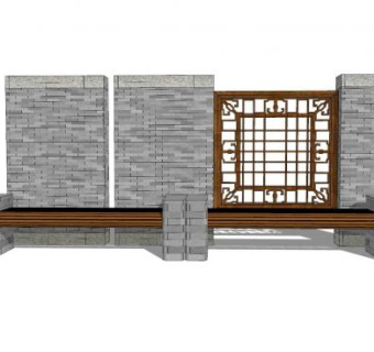 新中式花窗景墙户外椅SU模型下载_sketchup草图大师SKP模型