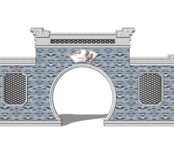 中式漏窗月洞门景墙SU模型下载_sketchup草图大师SKP模型